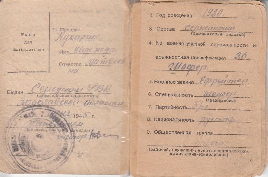 Военный билет на имя Кухарчик Надежды Матвеевны