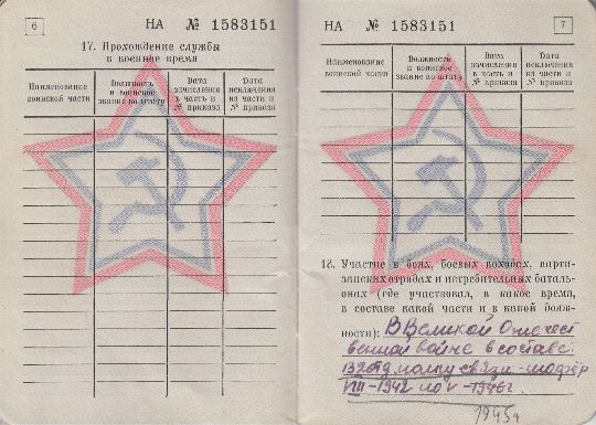 Военный билет участника Сталинградской битвы и Орловско-Курского сражения Плескача Николая Нестеровича